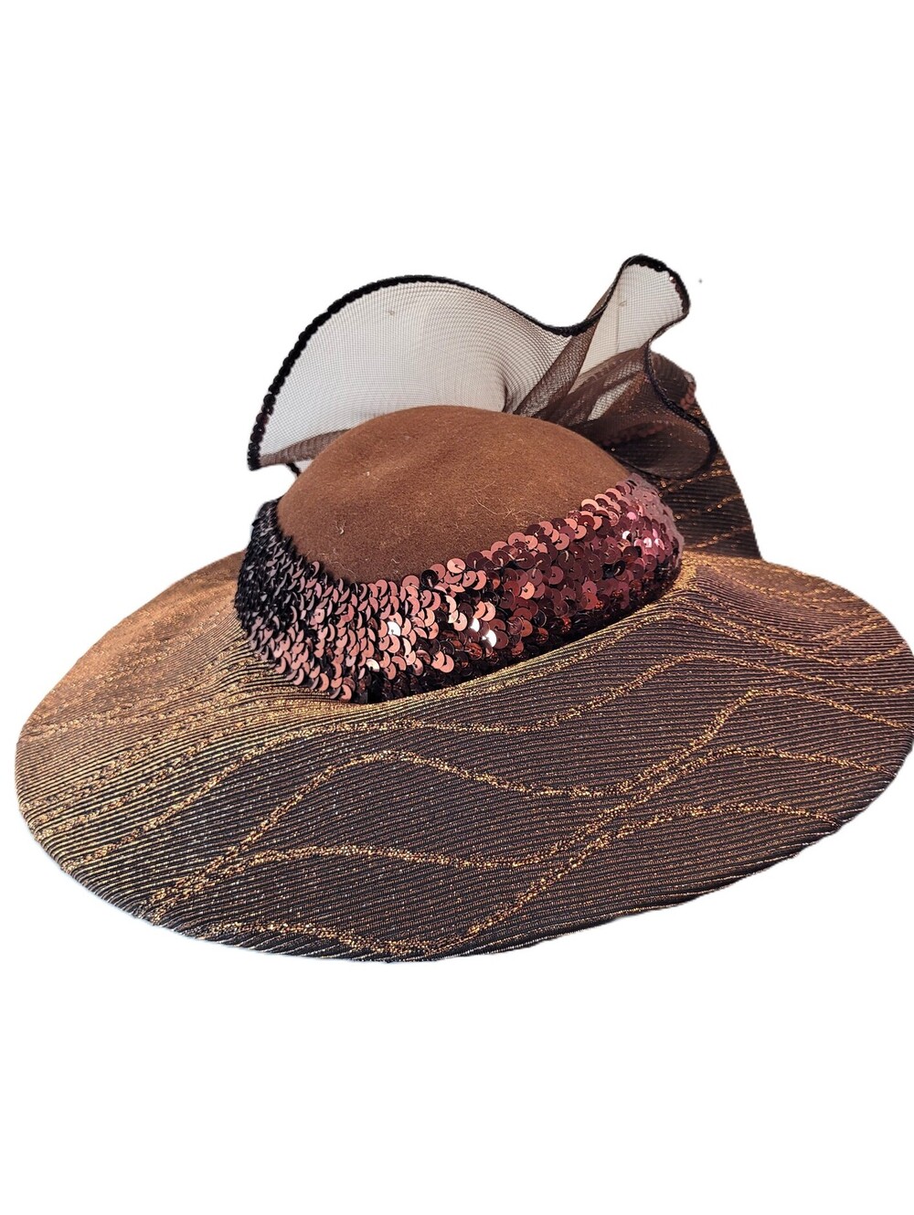 Mr Hi's Classic Women's Brown Gold Wide Brim Church Derby Hat Sequins Mesh